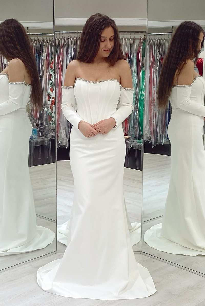 Aqua Off - the - Shoulder Long Sleeve Mermaid Formal Dress - KissProm