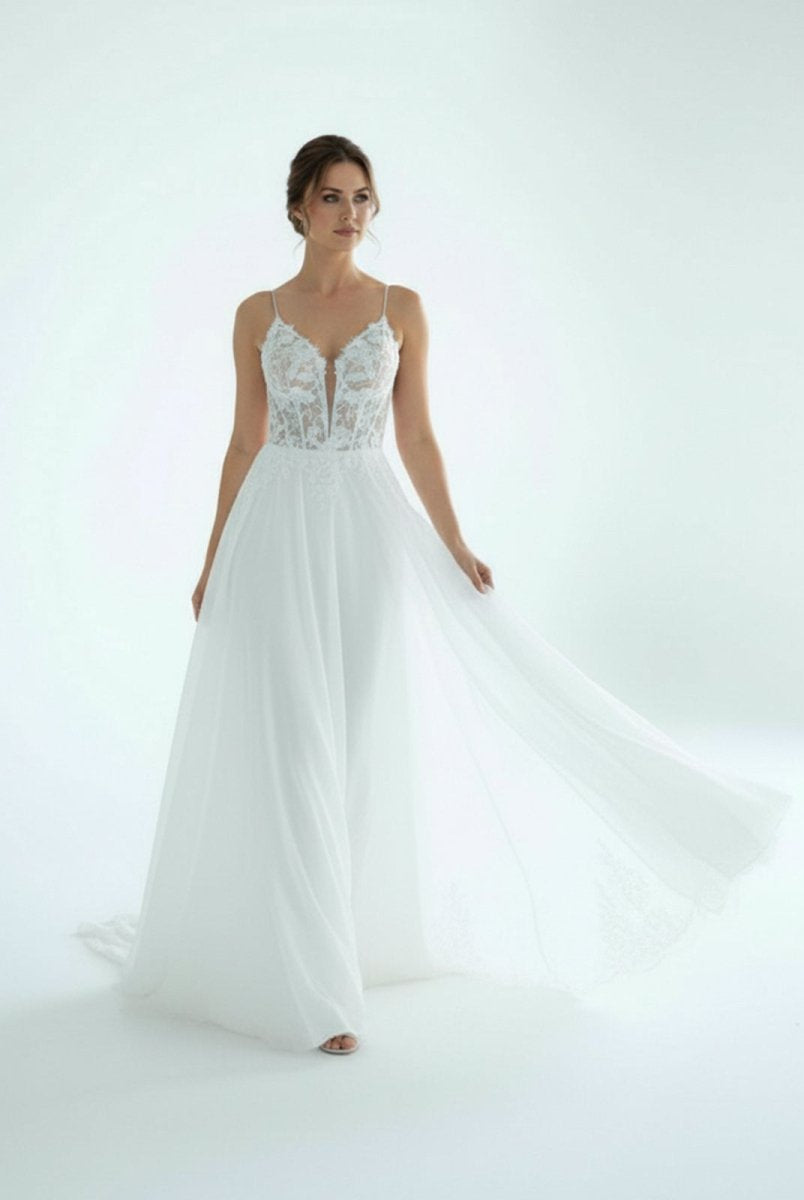 A - Line V Neck Chiffon Boho White Appliques Wedding Dresses - KissProm