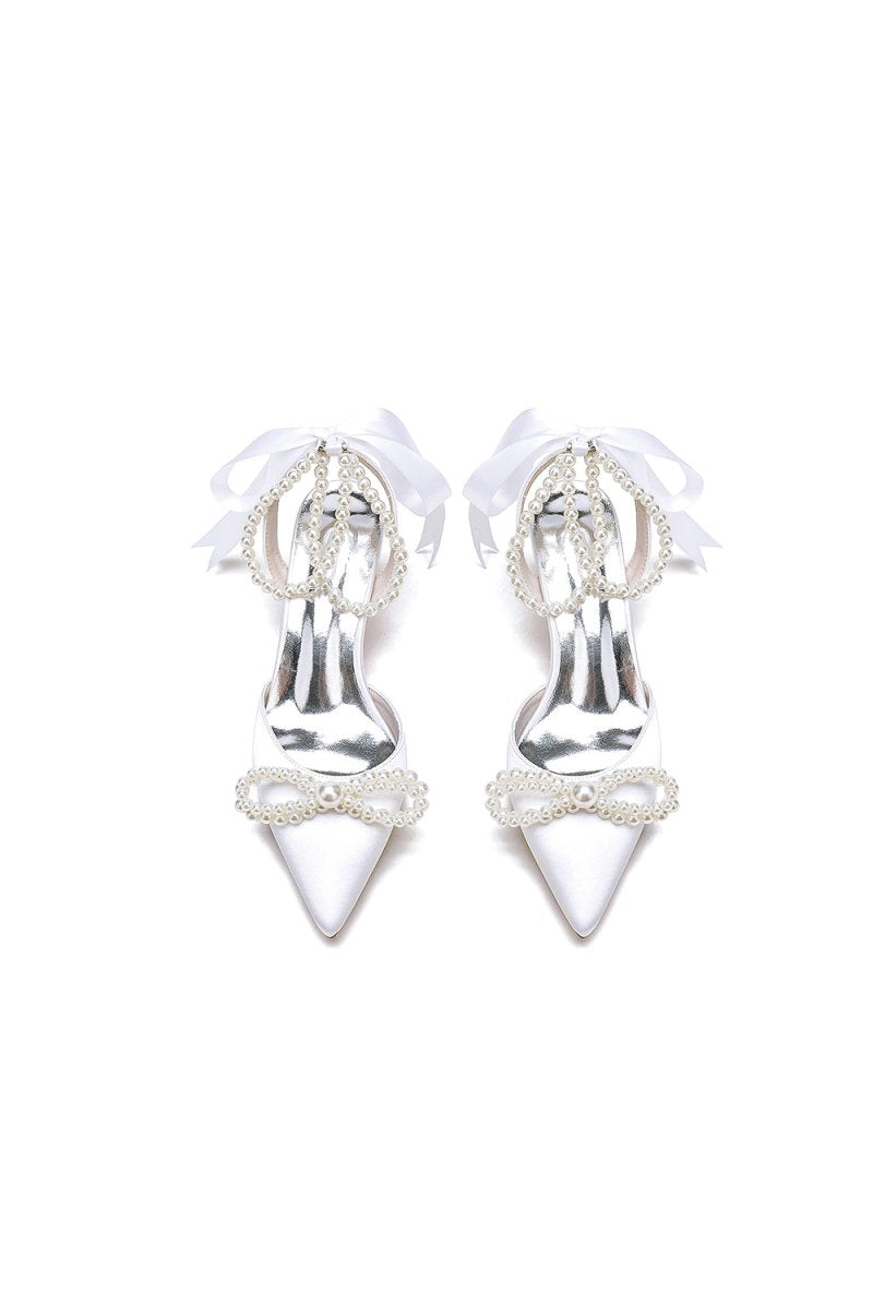 Pearl Ribbon Pointed Toe Ankle Strap High Heels - KissProm