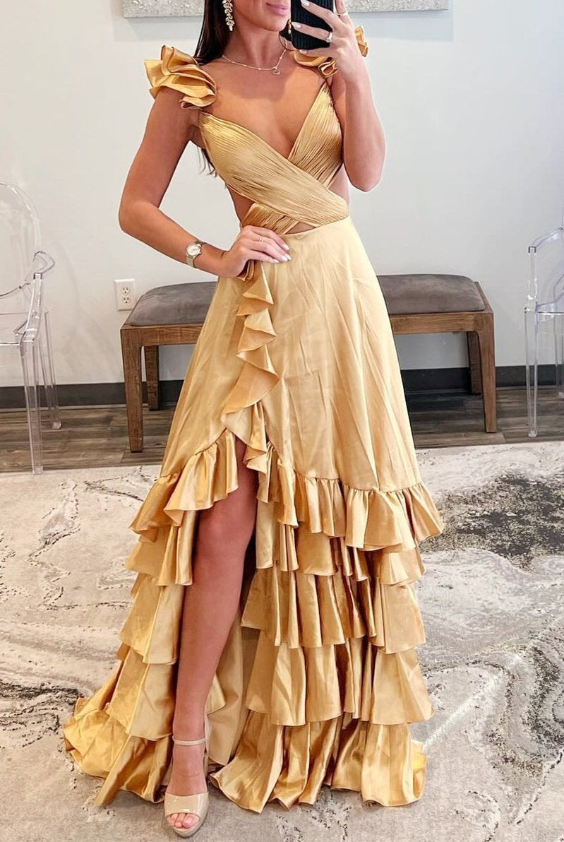 Brittany | Red Cutout Ruffle A-Line Long Prom Dress with Slit