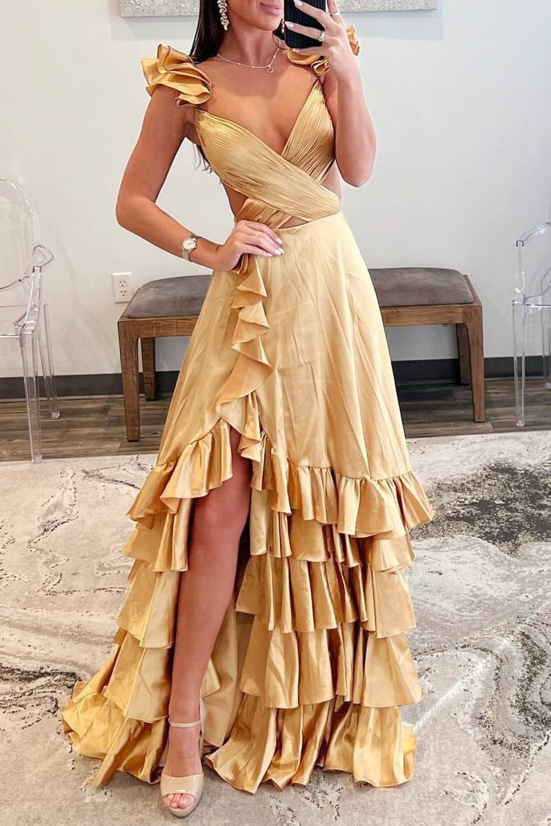 Brittany | Red Cutout Ruffle A-Line Long Prom Dress with Slit