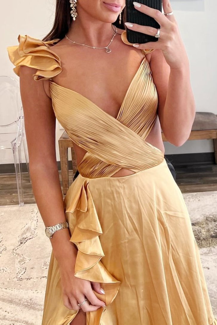 Brittany | Red Cutout Ruffle A-Line Long Prom Dress with Slit