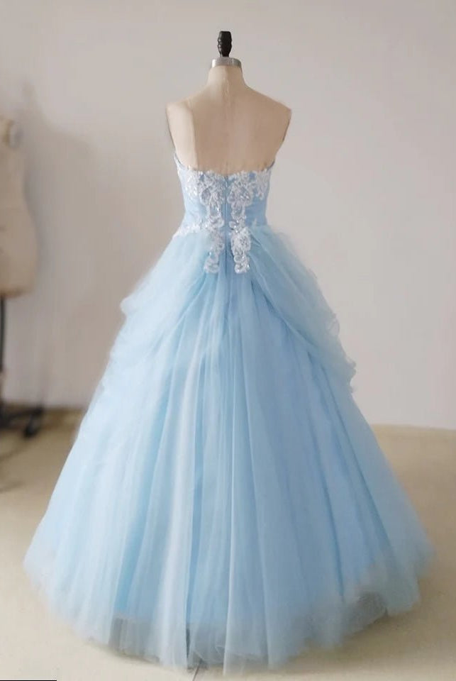 A-Line Lace Sweetheart Neck Blue Long Prom Dress
