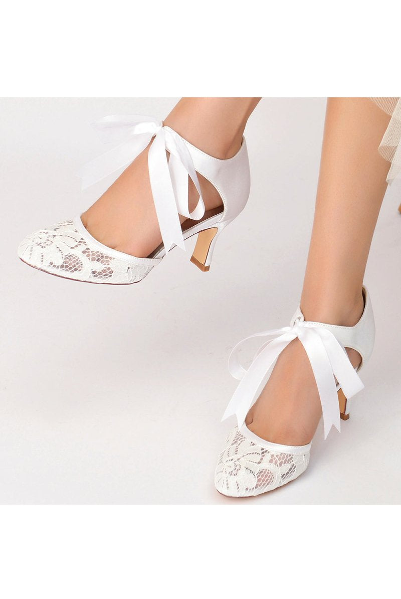 Elegant White Lace High Heels with Bow Accent - KissProm