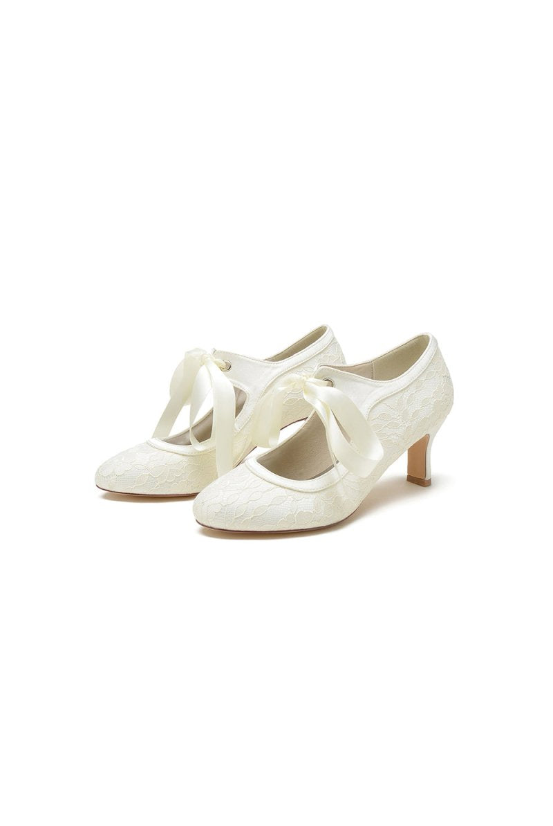 Ivory Lace High Heels Featuring a Classic Bow Design - KissProm