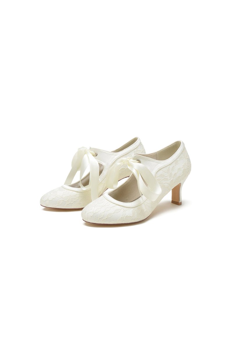 Ivory Lace High Heels Featuring a Classic Bow Design - KissProm