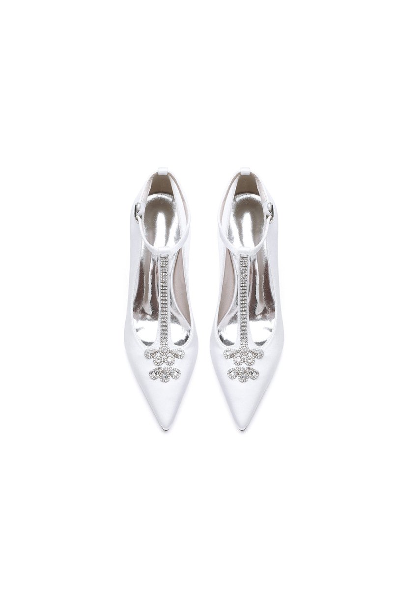 White Leather Pump with Silver Chain and Crystal Accent - KissProm