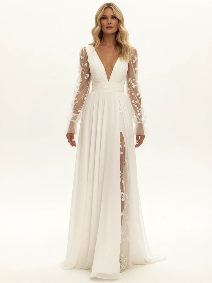 Long Sleeve Boho Flowy Wedding Dress Lace A-Line V-Neck Beach Gown with Split Front and Sweep Train