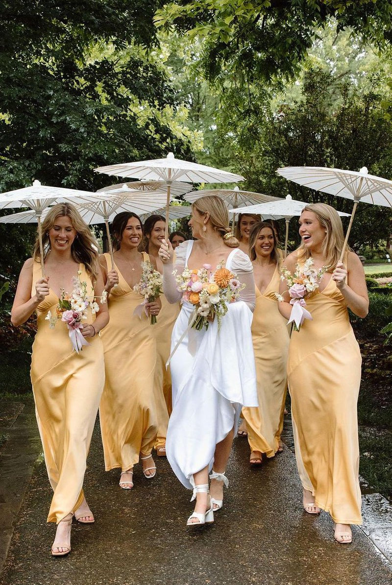 Charming Sheath V Neck Silk Saitn Bridesmaid Dresses