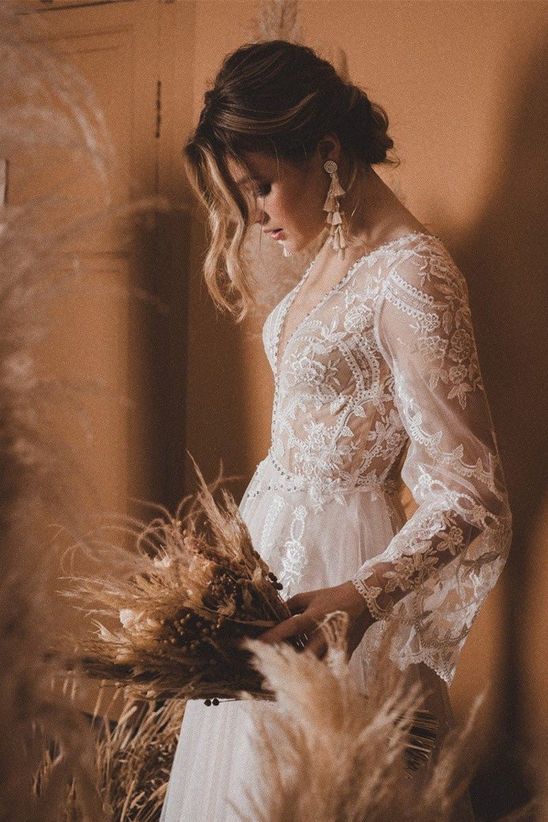 A-Line Lace Top Flare Sleeves Open Back Wedding Dress, Diamond White / 10 A-Line Lace Top Flare Sleeves Open Back Wedding Dress, Diamond White / 10