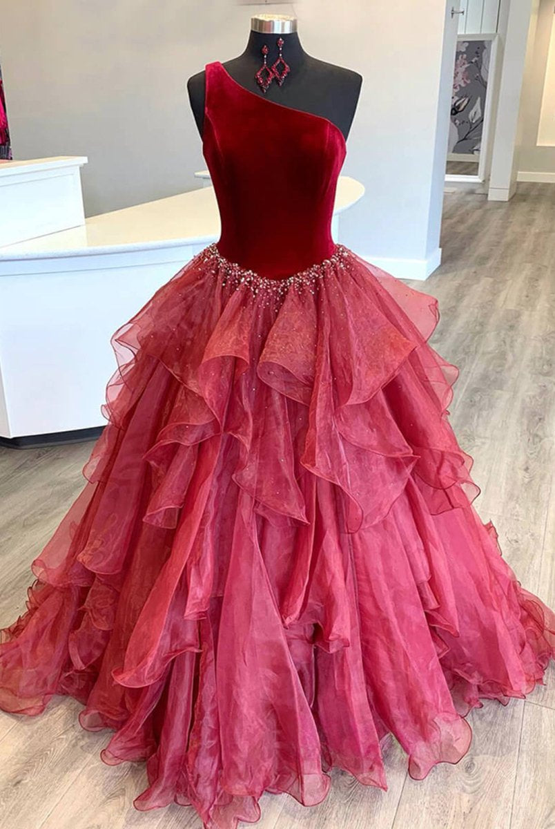 Belinda | Ruffle One Shoulder Royal Blue Velvet Top Long Formal Dress - KissProm