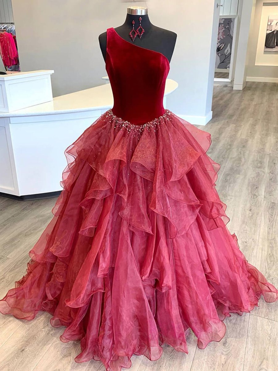 Belinda | Ruffle One Shoulder Royal Blue Velvet Top Long Formal Dress - KissProm