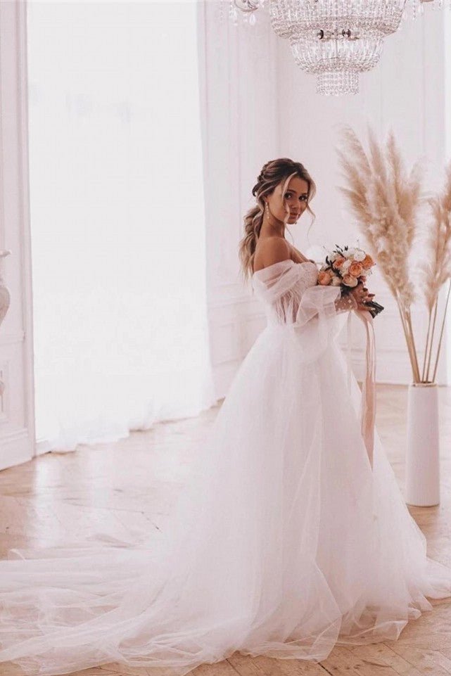 Boho A-Line Wedding Dresses Detachable Long Puff Sleeve Diamond White / 20 Boho A-Line Wedding Dresses Detachable Long Puff Sleeve Diamond White / 20