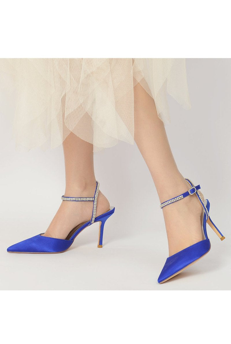 Party Crystal Strap Pointed Toe Satin Stiletto Heels - KissProm