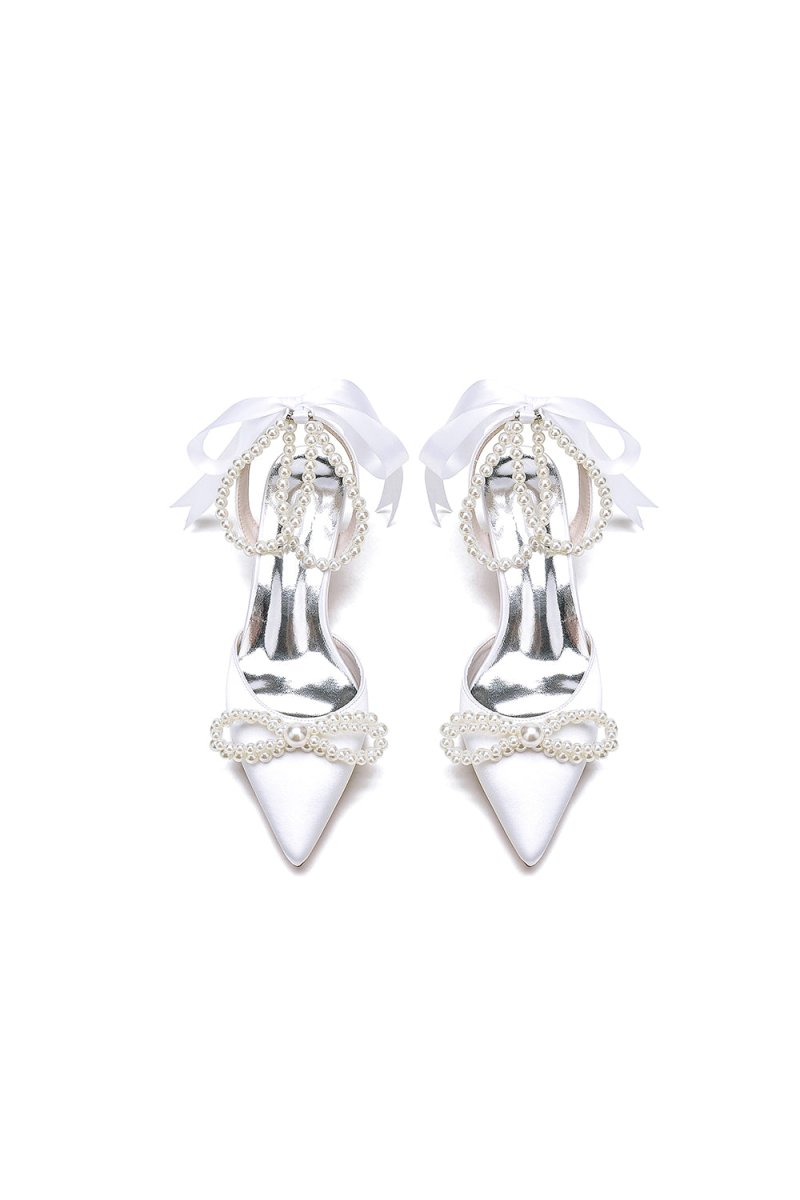 Pointed Toe Pearl Strap with Ribbon Tie - KissProm