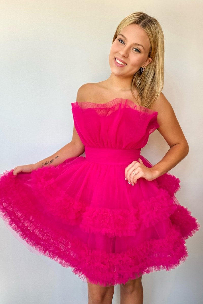 Meagan | Fuchsia Strapless Tiered Tulle Short Homecoming Dresses - KissProm