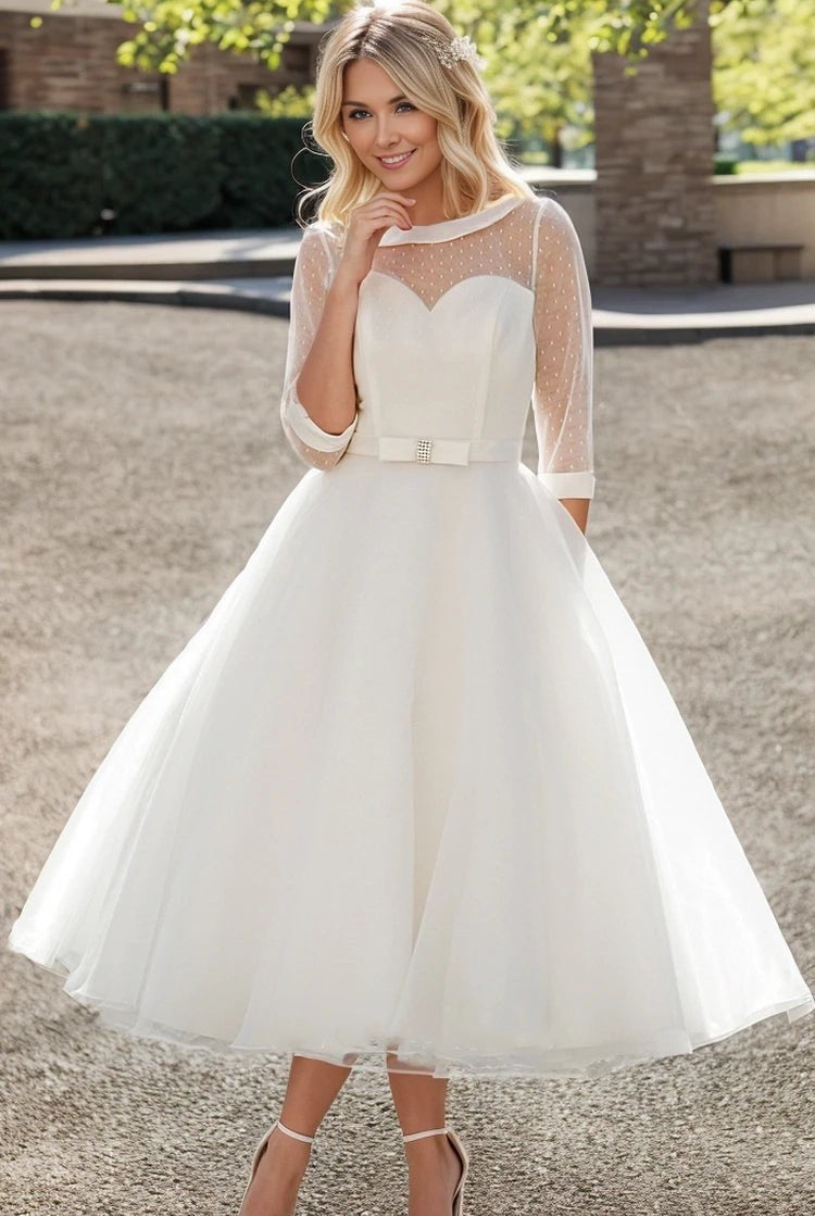 Tea-Length A-Line Bateau Neck Illusion Sleeve Bowed Tulle Wedding Dress