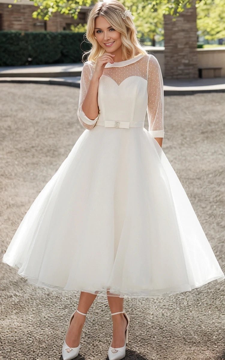 Tea-Length A-Line Bateau Neck Illusion Sleeve Bowed Tulle Wedding Dress