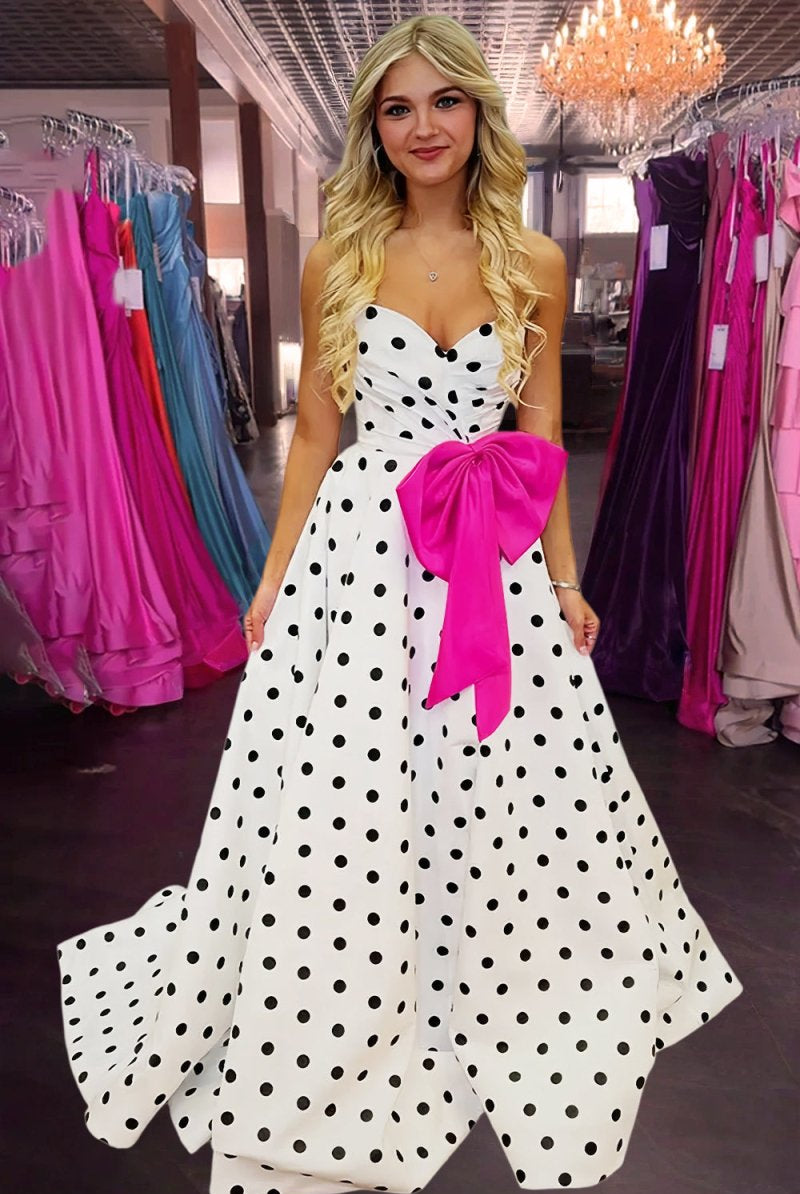 Averna | Fuchsia - Strapless A Line Polka Dots Satin Long Prom Dresses With Bow - KissProm