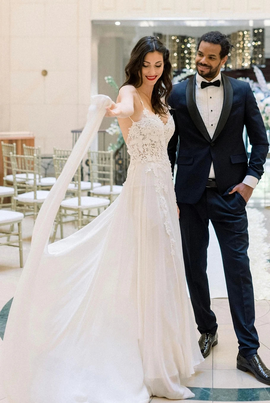 Spaghetti A-Line Lace Bohemian Wedding Dress With Open Back And Split Front