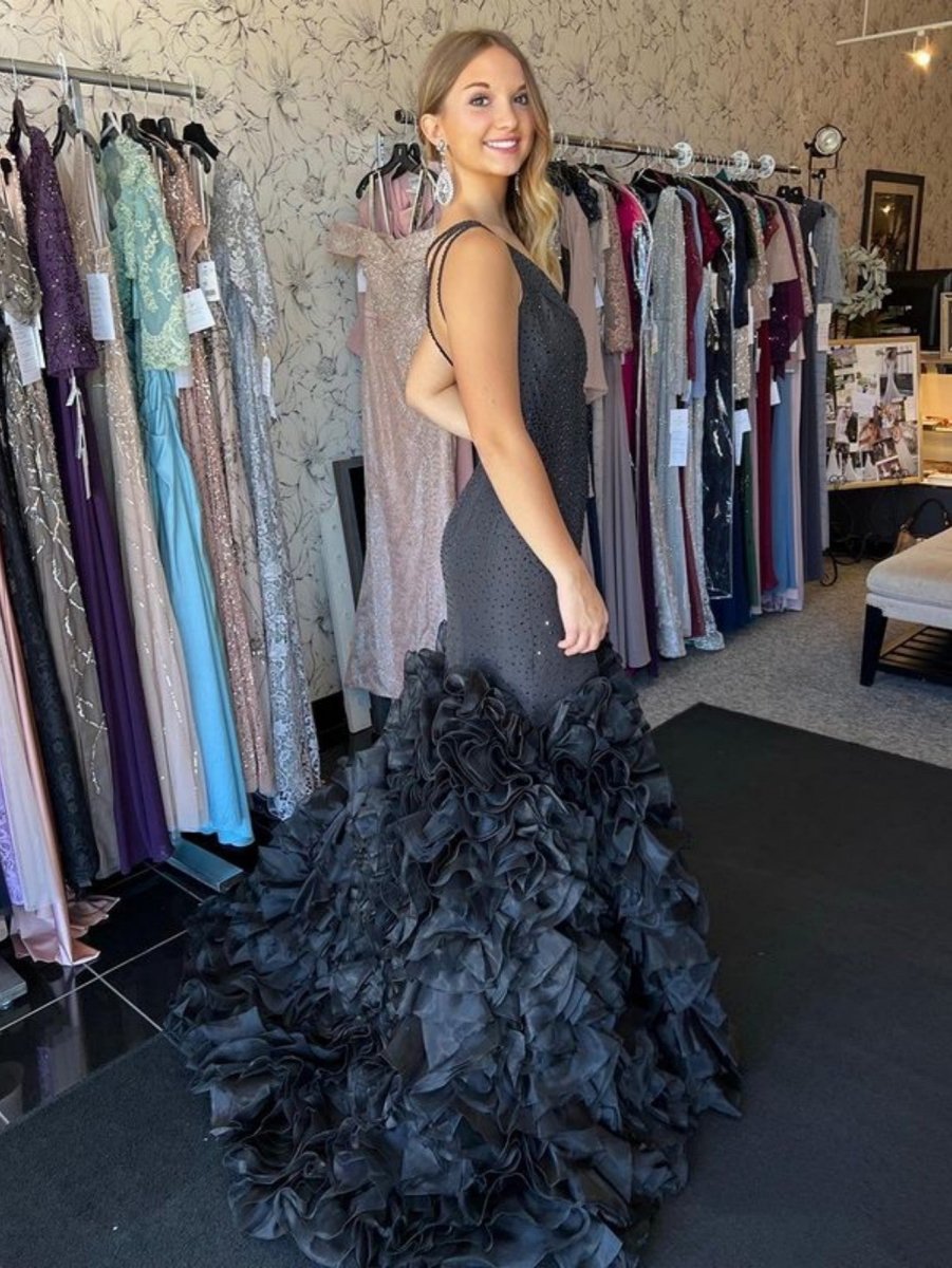 Mermaid Black One Shoulder Tiered Seqins Long Prom Dress - KissProm