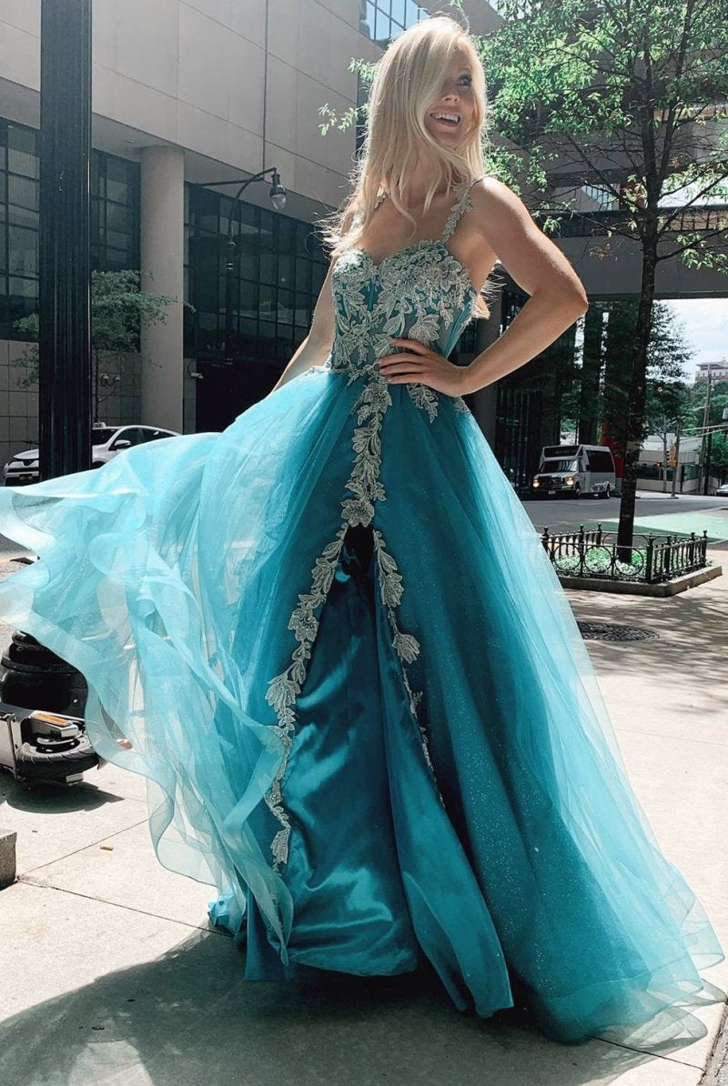 Turquoise Tulle Floral Appliques Sweetheart A - Line Prom Gwon - KissProm
