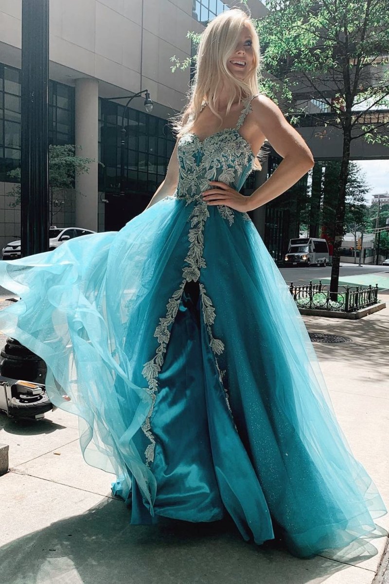 Turquoise Tulle Floral Appliques Sweetheart A - Line Prom Gwon - KissProm