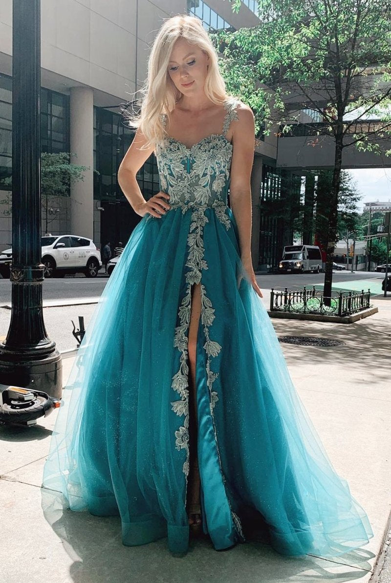 Turquoise Tulle Floral Appliques Sweetheart A - Line Prom Gwon - KissProm