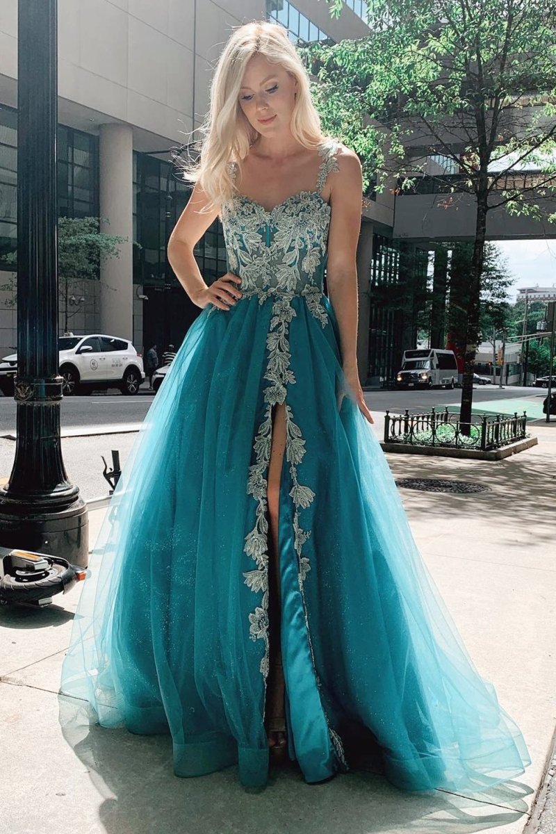 Turquoise Tulle Floral Appliques Sweetheart A - Line Prom Gwon - KissProm