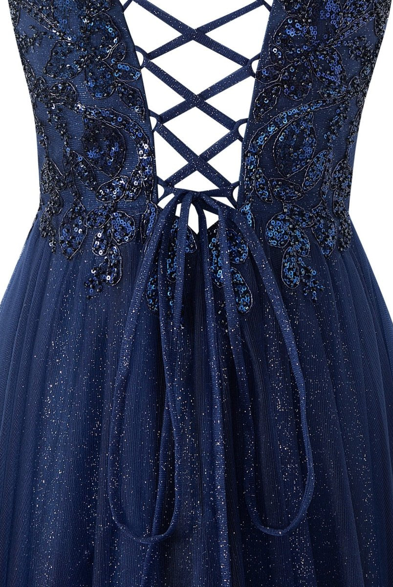 Emily Navy Blue | A-line Floor Length Glitter Tulle Prom Dress