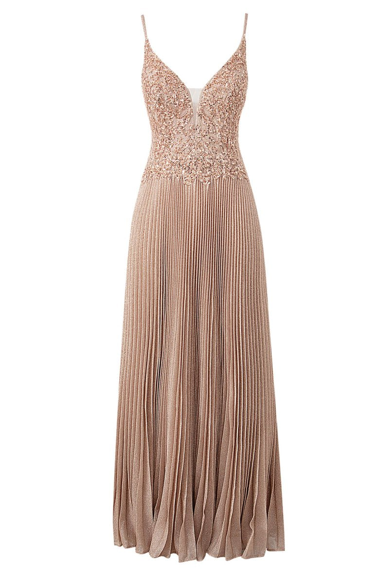 Elizabeth | Rose Pink A - line Floor Length Glitter Jersey Prom Dress with Appliques and Sequins - KissProm