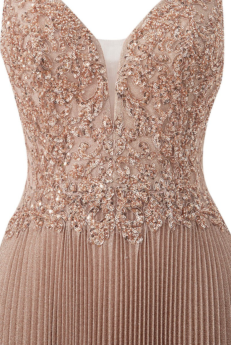 Elizabeth | Rose Pink A - line Floor Length Glitter Jersey Prom Dress with Appliques and Sequins - KissProm