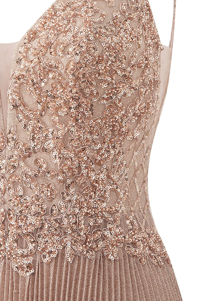 Elizabeth | Rose Pink A - line Floor Length Glitter Jersey Prom Dress with Appliques and Sequins - KissProm