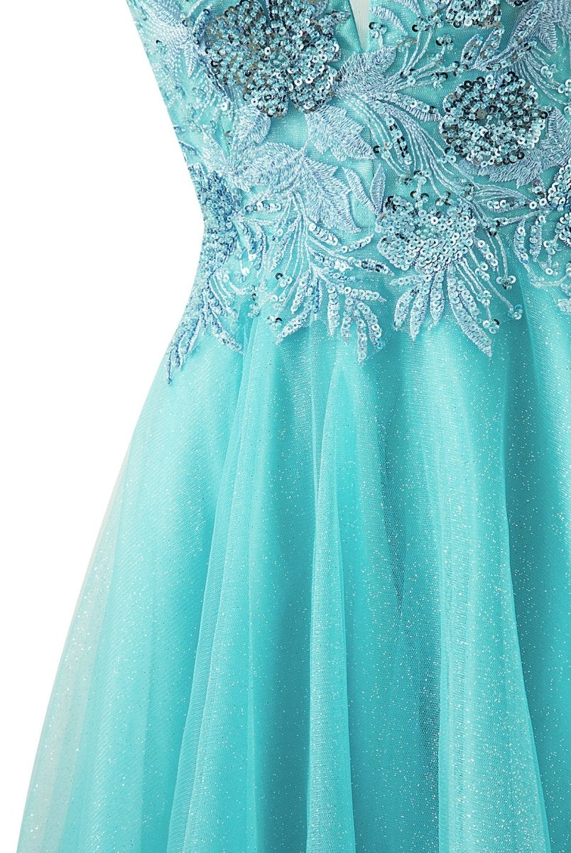 Sofia | A - line Short Spaghetti Strap Glitter Tulle Homecoming Dress - KissProm