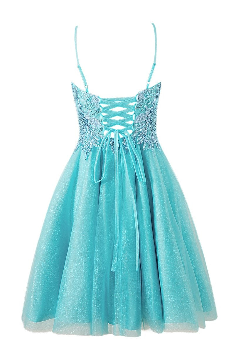 Sofia | A - line Short Spaghetti Strap Glitter Tulle Homecoming Dress - KissProm