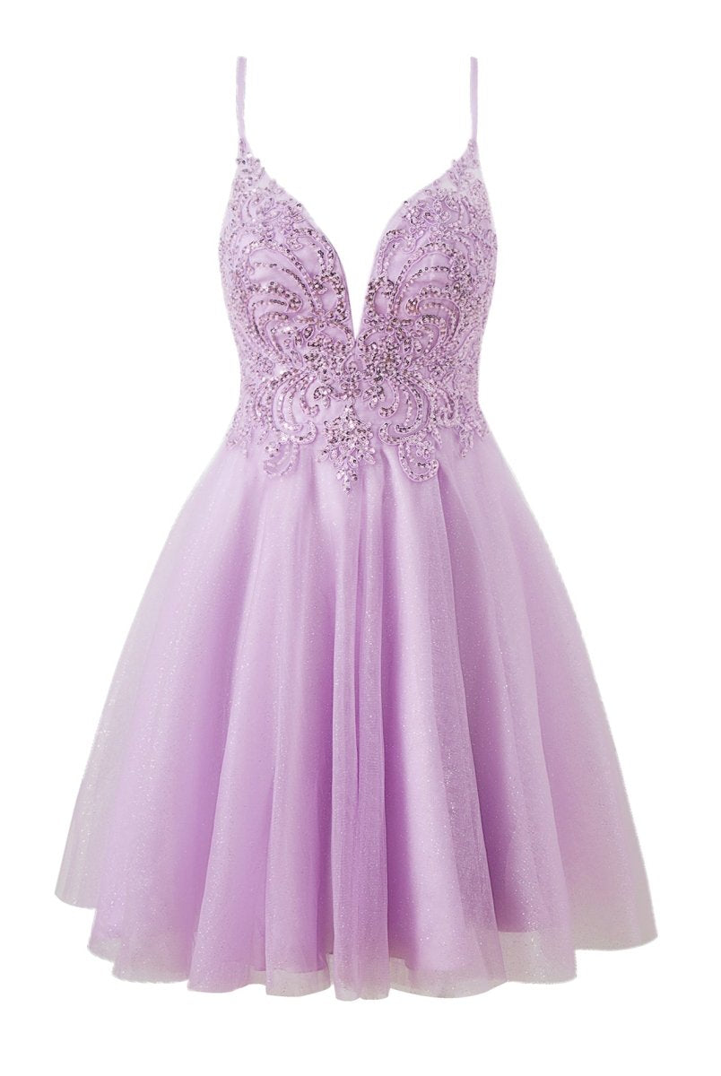 Mya |A line Short Spaghetti Strap Glitter Tulle Homecoming Dress - KissProm