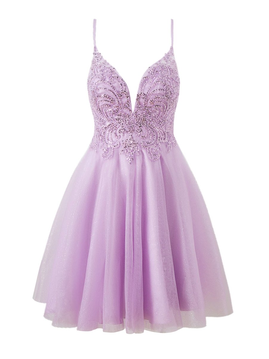 Mya |A line Short Spaghetti Strap Glitter Tulle Homecoming Dress - KissProm