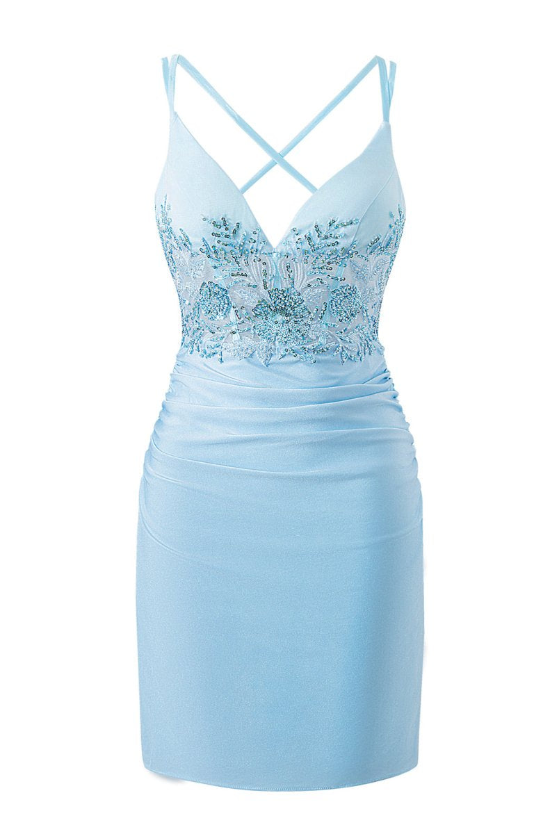 Ella Blue | Sheath Short V Neck Jersey Homecoming Dress