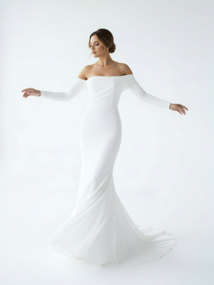 Pearl | Simple White Boho Mermaid Long Wedding Dress with Sleeves - KissProm