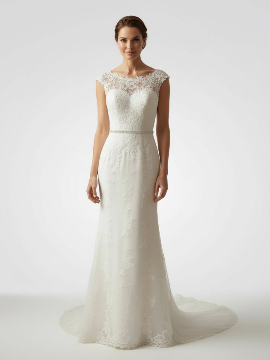 Bateau Neck Cap Sleeve Fit and Flare Lace Wedding Dress - KissProm
