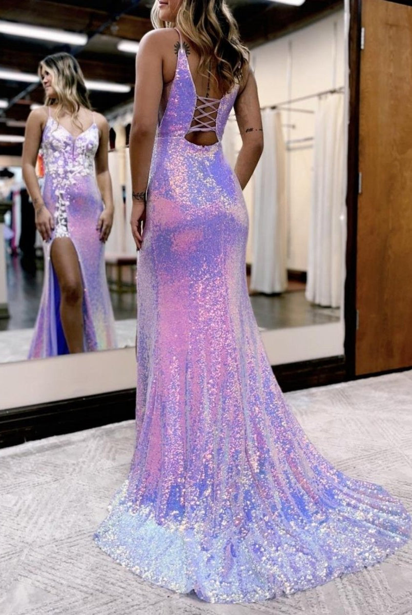 Mermaid Glitter Lavender Floral Long Prom Dress with Slit
