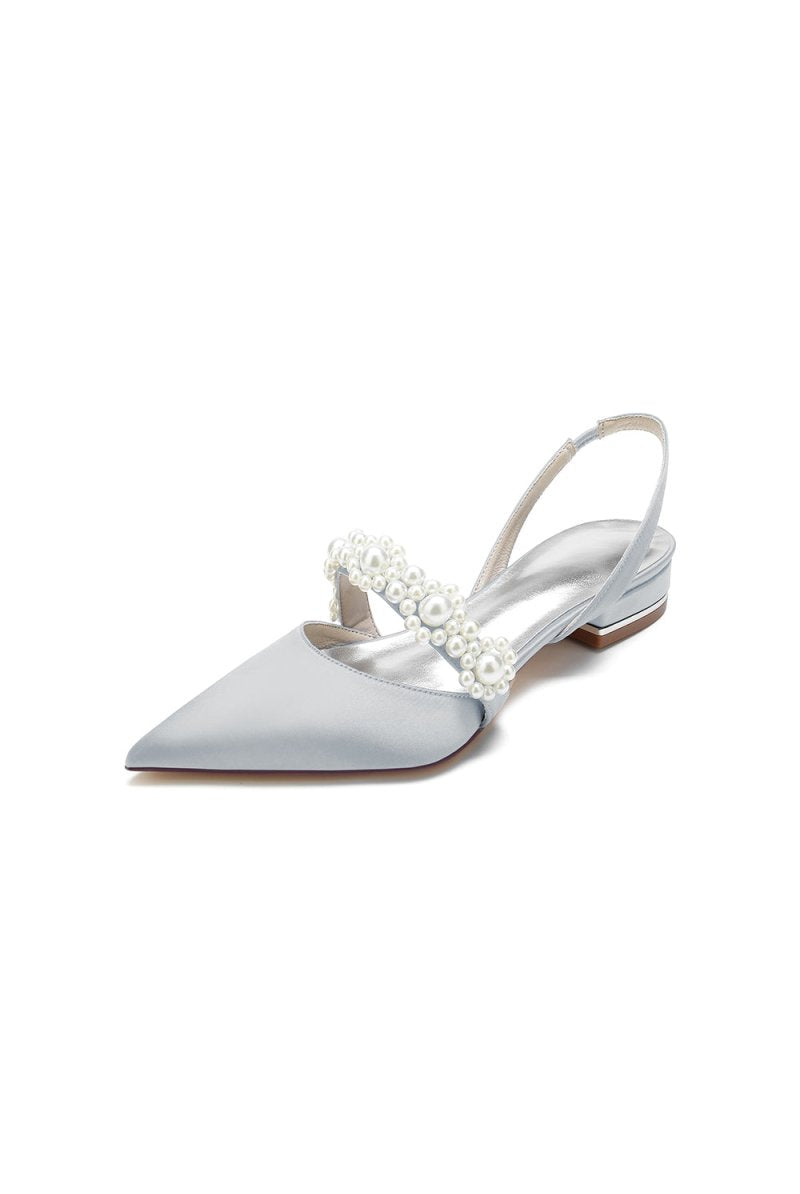 Satin Pointed Toe Pearl Kitten Heels - KissProm