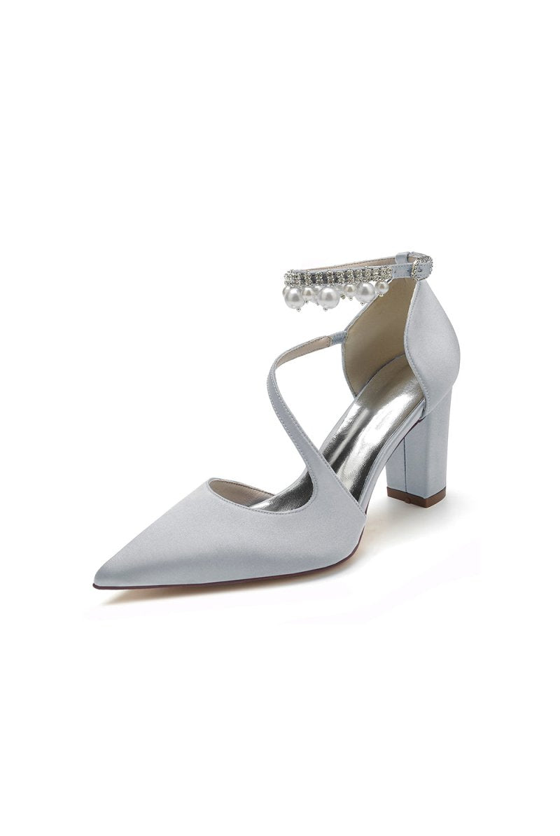 White Satin Heels with Cross - Strap Design and Pearl - Accented Buckle - KissProm