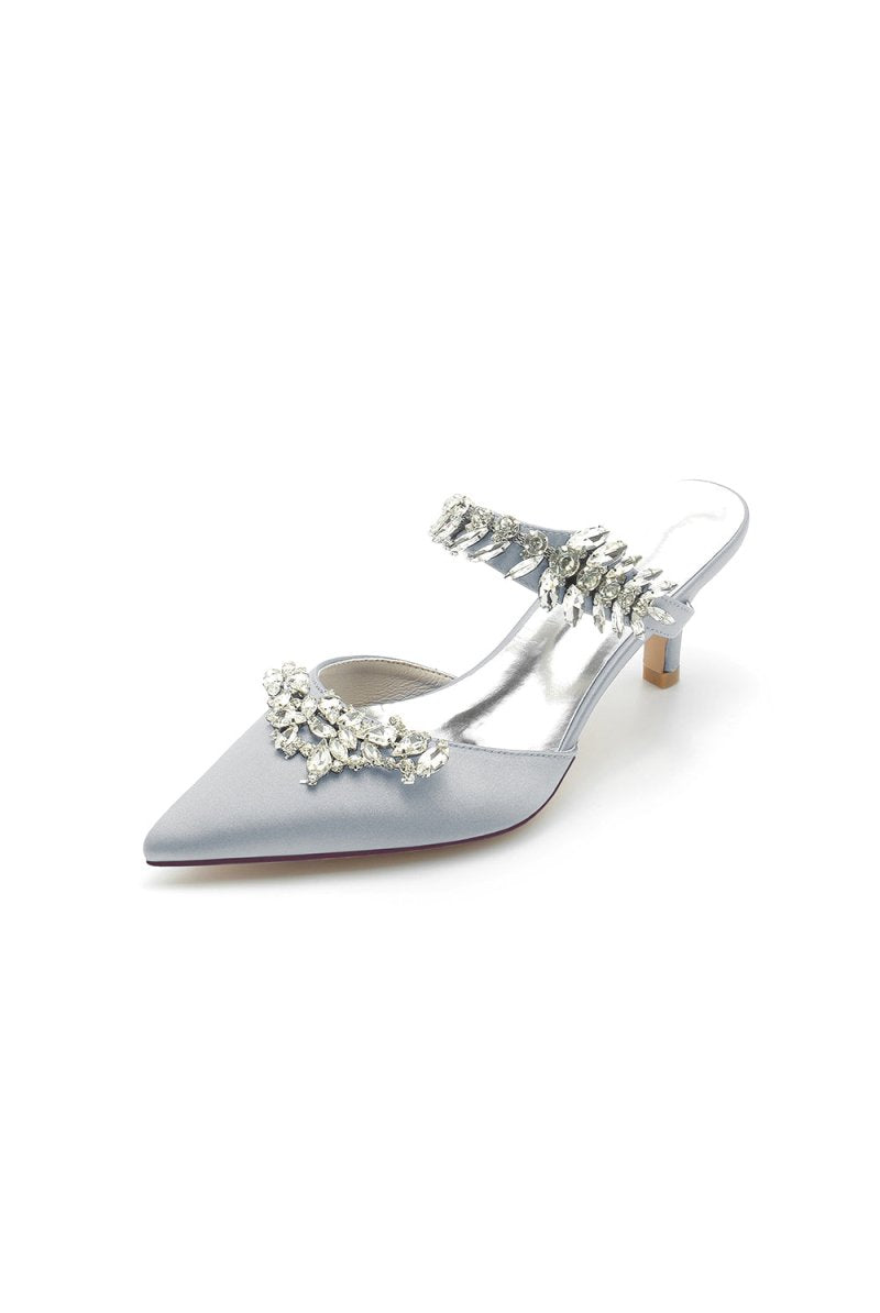 Satin Pointed Toe Mules with Crystal Rhinestone - KissProm