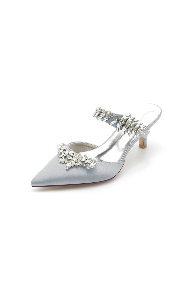 Satin Pointed Toe Mules with Crystal Rhinestone - KissProm