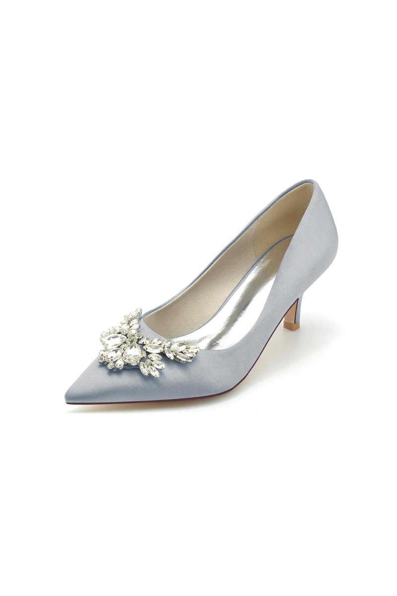 Rhinestone Pointed Toe Satin Kitten Heels - KissProm