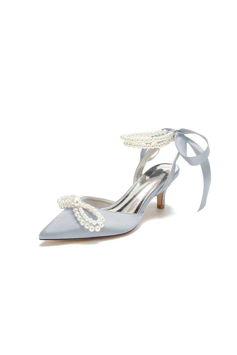 Pearl Ribbon Pointed Toe Ankle Strap High Heels - KissProm