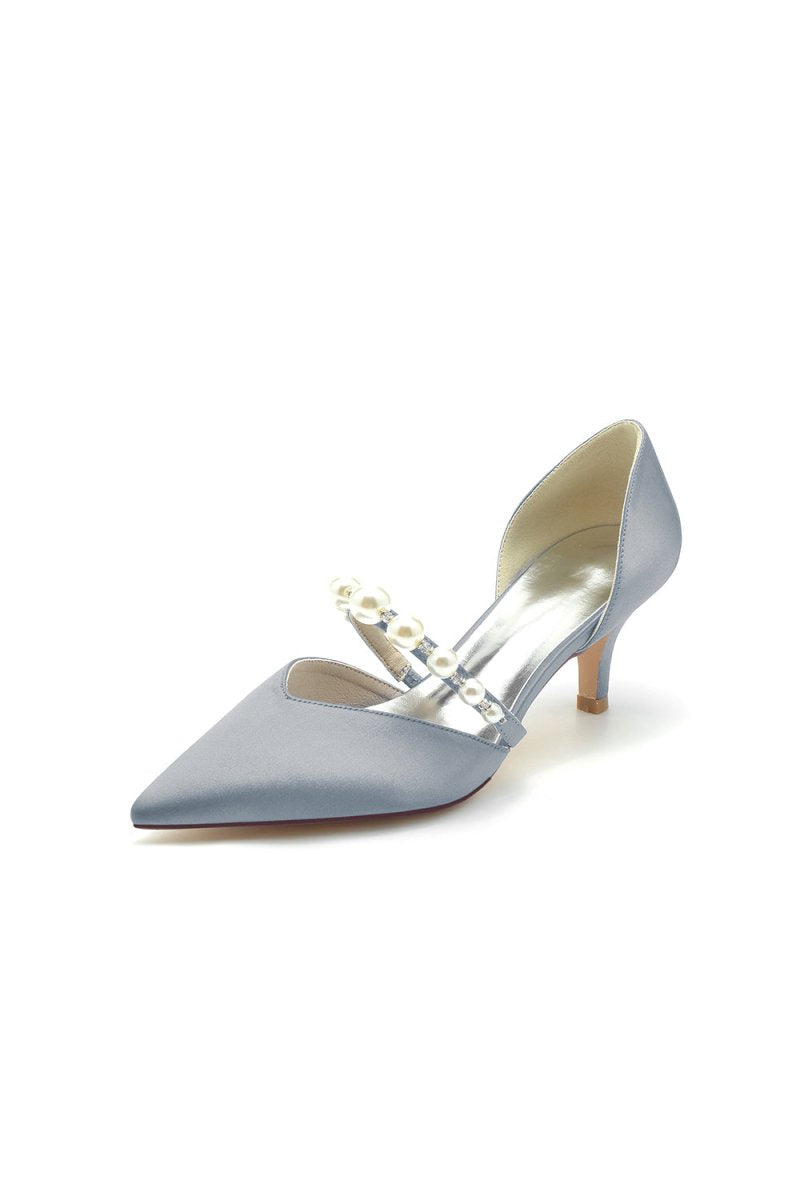 Elegant Satin Pointed Toe Heels with Pearl Strap - KissProm