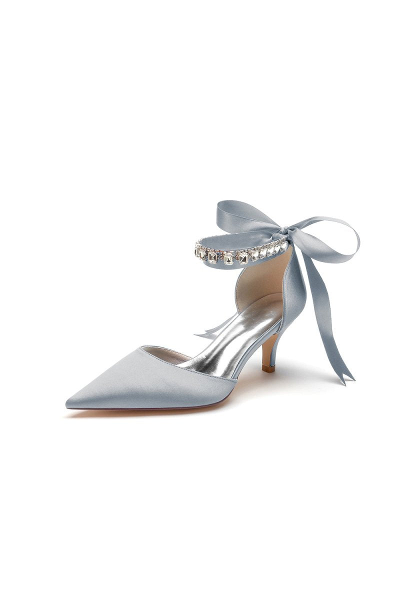 Pointed Toe Ribbons Kitten Heels With Diamond - KissProm