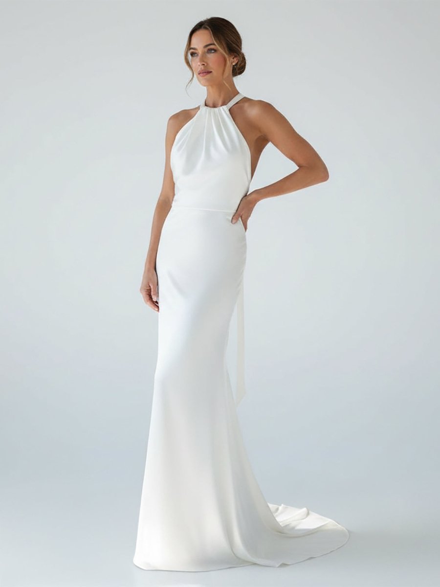 Sheath Satin Backless Halter Wedding Dress – KissProm